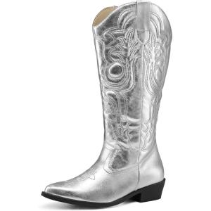 imagemysoft Womens Wide Calf Cowboy Boots Pull on Cowgirl Embroidered Mid Calf Pointed Toe Chunky Heel Western BootsSilver