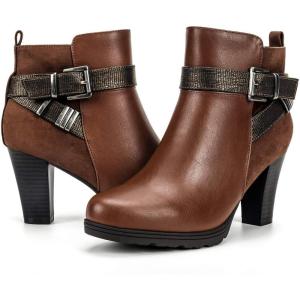 imagemysoft Womens Zipper Booties Chunky Stacked Heel Ankle Boots Buckle Strap AnkleBrown Pu