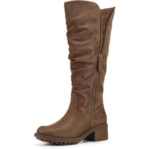 imagemysoft Womens Knee High Boots Side Zipper Lug Sole 2 Inch Stacked Chunky Heel BootsBrown