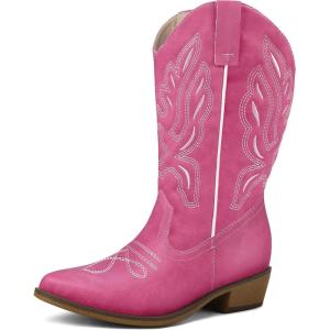 imagemysoft Womens Wide Calf Cowboy Boots PullOn MidCalf Embroidered Pointed Toe Retro Western BootsHot Pink