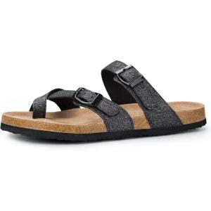 image:imagemysoft Womens Cork Footbed Sandals Double Adjustable Buckle Slide Sandals Slip On Walking Summer ShoesGlitter