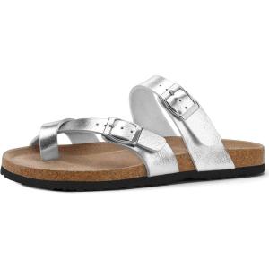 image:imagemysoft Womens Cork Footbed Sandals Double Adjustable Buckle Slide Sandals Slip On Walking Summer ShoesSilver