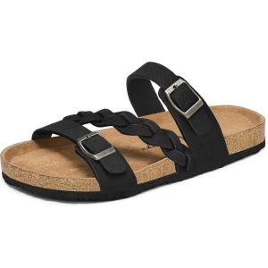 image:imagemysoft Womens Braided Cork Sandals Flat Adjustable Buckle Slides SlipOn Summer ShoesBlack
