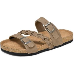 image:imagemysoft Womens Braided Cork Sandals Flat Adjustable Buckle Slides SlipOn Summer ShoesStone