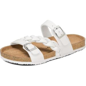 image:imagemysoft Womens Braided Cork Sandals Flat Adjustable Buckle Slides SlipOn Summer ShoesWhite