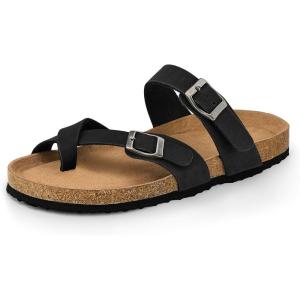 image:imagemysoft Womens Cork Footbed Sandals Double Adjustable Buckle Slide Sandals Slip On Walking Summer ShoesBlack Nubuck