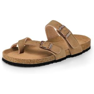 image:imagemysoft Womens Cork Footbed Sandals Double Adjustable Buckle Slide Sandals Slip On Walking Summer ShoesTan