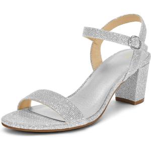 image:imagemysoft Womens Low Heels Open Toe Ankle Strap Block Chunky Heels Sandals Comfortable Classic Dressy Wedding Party Event ShoesSilver Glitter