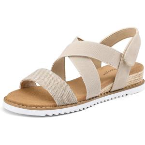 image:imagemysoft Womens Low Wedge Sandals Comfortable Open Toe Casual Espadrilles Elastic Ankle Strap Slip on Summer Walking ShoesBeige Fabric