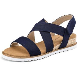 image:imagemysoft Womens Low Wedge Sandals Comfortable Open Toe Casual Espadrilles Elastic Ankle Strap Slip on Summer Walking ShoesNavy