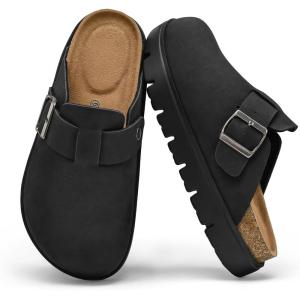 image:imagemysoft Womens Platform Clogs Cork Footbed Mules 17 Inch Lightweight Sole with Arch Support Footbed Closed Toe Slip On Potato ShoesBlack Pu