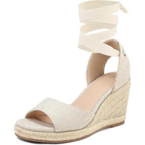 image:imagemysoft Womens Wedge Sandals Open Toe Espadrilles Platform Ankle Strap Lace Up Summer ShoesBeige