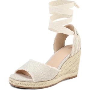 image:imagemysoft Womens Wedge Sandals Open Toe Espadrilles Platform Ankle Strap Lace Up Summer ShoesBeige Frayed