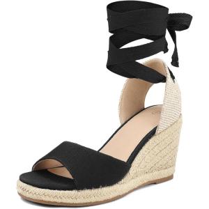 image:imagemysoft Womens Wedge Sandals Open Toe Espadrilles Platform Ankle Strap Lace Up Summer ShoesBlack
