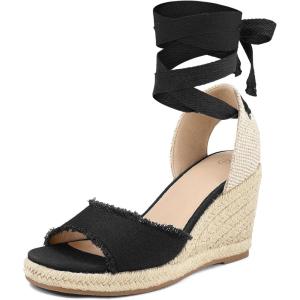 image:imagemysoft Womens Wedge Sandals Open Toe Espadrilles Platform Ankle Strap Lace Up Summer ShoesBlack Frayed