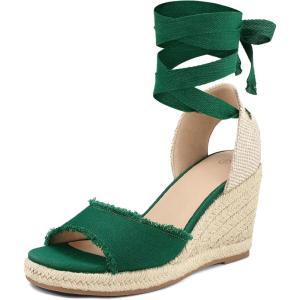 image:imagemysoft Womens Wedge Sandals Open Toe Espadrilles Platform Ankle Strap Lace Up Summer ShoesGreen Frayed