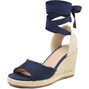 image:imagemysoft Womens Wedge Sandals Open Toe Espadrilles Platform Ankle Strap Lace Up Summer ShoesNavy Frayed