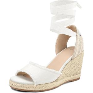 image:imagemysoft Womens Wedge Sandals Open Toe Espadrilles Platform Ankle Strap Lace Up Summer ShoesWhite Frayed