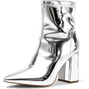 image:imagemysoft Womens GoGo Boots Mid Calf Block Heel Ankle Boots Pointed Toe Patent Leather Side Zipper Booties