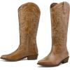 image:imagemysoft Womens Cowboy Boots Mid Calf Western Embroidered Pointed Toe Chunky Heel Pull On Cowgirl Boots Fit Medium Wide WidthBrown Embroidery