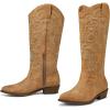 image:imagemysoft Womens Cowboy Boots Mid Calf Western Embroidered Pointed Toe Chunky Heel Pull On Cowgirl Boots Fit Medium Wide WidthChestnut Brown