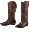 image:imagemysoft Womens Cowboy Boots Mid Calf Western Embroidered Pointed Toe Chunky Heel Pull On Cowgirl Boots Fit Medium Wide WidthDark Brown