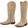 image:imagemysoft Womens Cowboy Boots Mid Calf Western Embroidered Pointed Toe Chunky Heel Pull On Cowgirl Boots Fit Medium Wide WidthLight Khaki