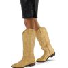 image:imagemysoft Womens Cowboy Boots Mid Calf Western Embroidered Pointed Toe Chunky Heel Pull On Cowgirl Boots Fit Medium Wide WidthTan