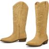 image:imagemysoft Womens Cowboy Boots Mid Calf Western Embroidered Pointed Toe Chunky Heel Pull On Cowgirl Boots Fit Medium Wide WidthTan