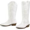image:imagemysoft Womens Cowboy Boots Mid Calf Western Embroidered Pointed Toe Chunky Heel Pull On Cowgirl Boots Fit Medium Wide WidthWhite