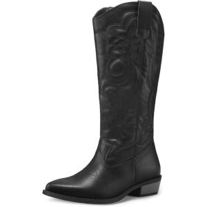 image:imagemysoft Womens Cowboy Boots Mid Calf Western Embroidered Pointed Toe Chunky Heel Pull On Cowgirl Boots Fit Medium Wide WidthBlack