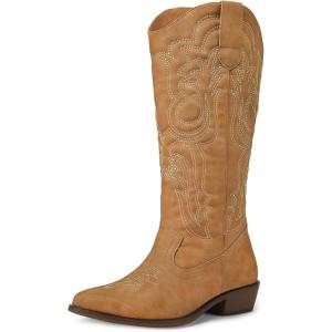 image:imagemysoft Womens Cowboy Boots Mid Calf Western Embroidered Pointed Toe Chunky Heel Pull On Cowgirl Boots Fit Medium Wide WidthChestnut Brown