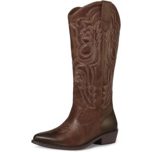 image:imagemysoft Womens Cowboy Boots Mid Calf Western Embroidered Pointed Toe Chunky Heel Pull On Cowgirl Boots Fit Medium Wide WidthDark Brown