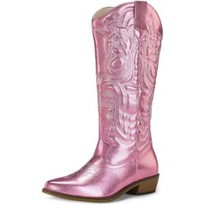 image:imagemysoft Womens Cowboy Boots Mid Calf Western Embroidered Pointed Toe Chunky Heel Pull On Cowgirl Boots Fit Medium Wide WidthMetallic Pink