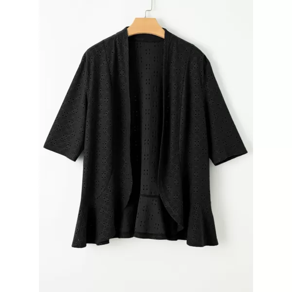 Sidefeel Lightweight Summer Cardigan for Women Spring Netted Knit Ruffle Half Sleeve Kimono Cover UpsBlack