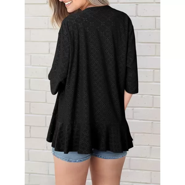 Sidefeel Lightweight Summer Cardigan for Women Spring Netted Knit Ruffle Half Sleeve Kimono Cover UpsBlack