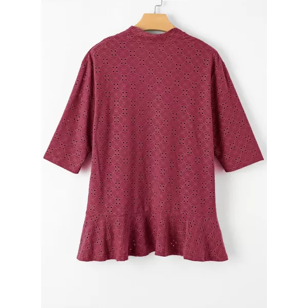 Sidefeel Lightweight Summer Cardigan for Women Spring Netted Knit Ruffle Half Sleeve Kimono Cover UpsBurgundy