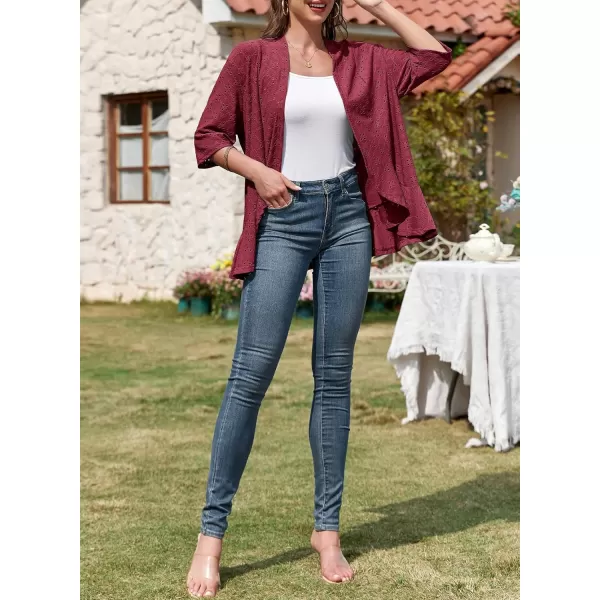 Sidefeel Lightweight Summer Cardigan for Women Spring Netted Knit Ruffle Half Sleeve Kimono Cover UpsBurgundy