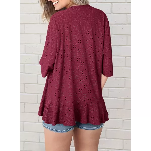 Sidefeel Lightweight Summer Cardigan for Women Spring Netted Knit Ruffle Half Sleeve Kimono Cover UpsBurgundy