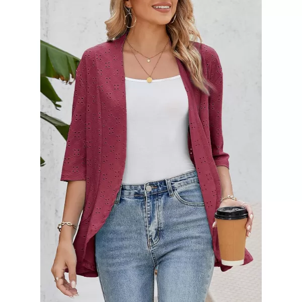 Sidefeel Lightweight Summer Cardigan for Women Spring Netted Knit Ruffle Half Sleeve Kimono Cover UpsBurgundy
