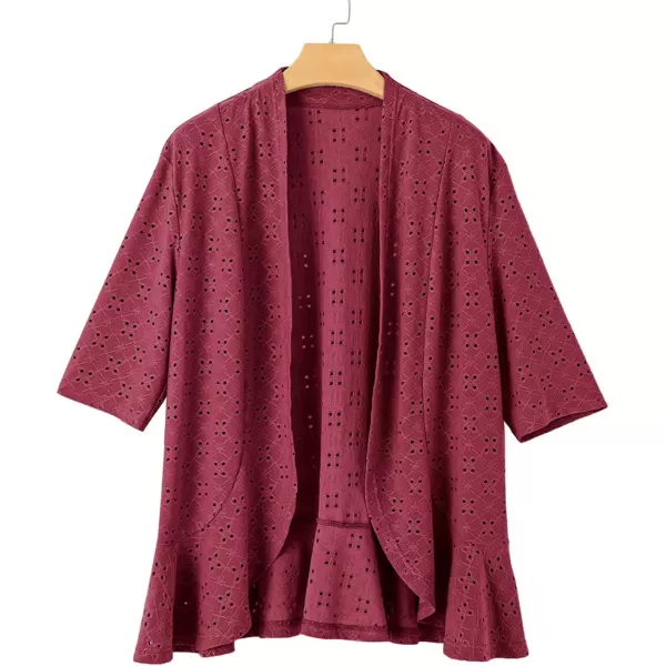 Sidefeel Lightweight Summer Cardigan for Women Spring Netted Knit Ruffle Half Sleeve Kimono Cover UpsBurgundy