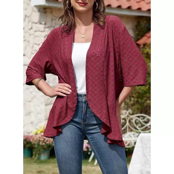 Sidefeel Lightweight Summer Cardigan for Women Spring Netted Knit Ruffle Half Sleeve Kimono Cover UpsBurgundy