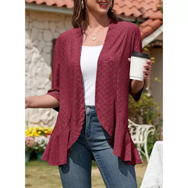 Sidefeel Lightweight Summer Cardigan for Women Spring Netted Knit Ruffle Half Sleeve Kimono Cover UpsBurgundy
