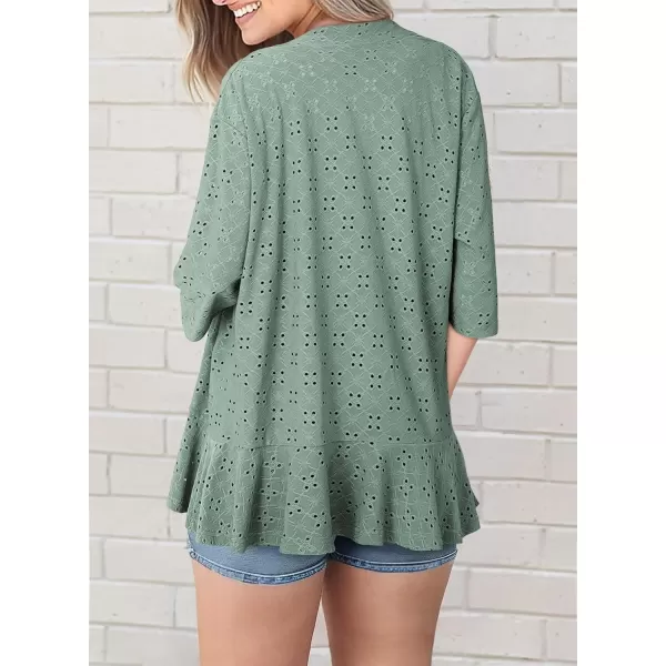 Sidefeel Lightweight Summer Cardigan for Women Spring Netted Knit Ruffle Half Sleeve Kimono Cover UpsGreen