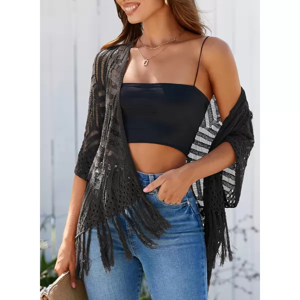 Sidefeel Womens 2024 Cropped Crochet Top Lightweight Summer Cardigan Beach Kimono Cover UpsBlack