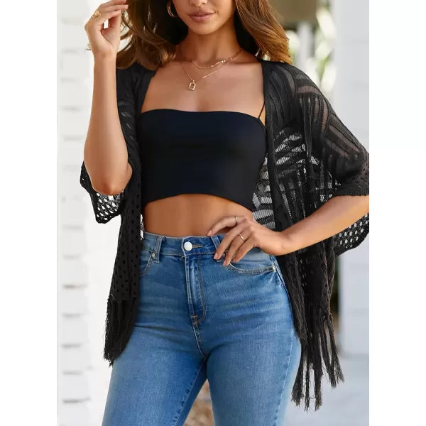 Sidefeel Womens 2024 Cropped Crochet Top Lightweight Summer Cardigan Beach Kimono Cover UpsBlack