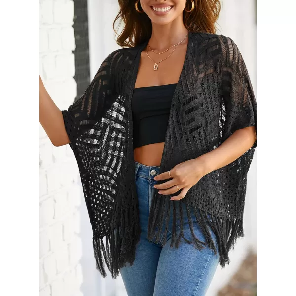 Sidefeel Womens 2024 Cropped Crochet Top Lightweight Summer Cardigan Beach Kimono Cover UpsBlack