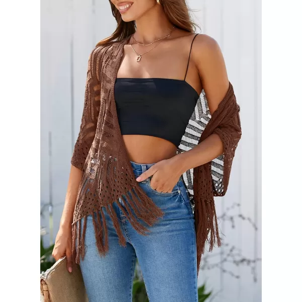 Sidefeel Womens 2024 Cropped Crochet Top Lightweight Summer Cardigan Beach Kimono Cover UpsDark Brown