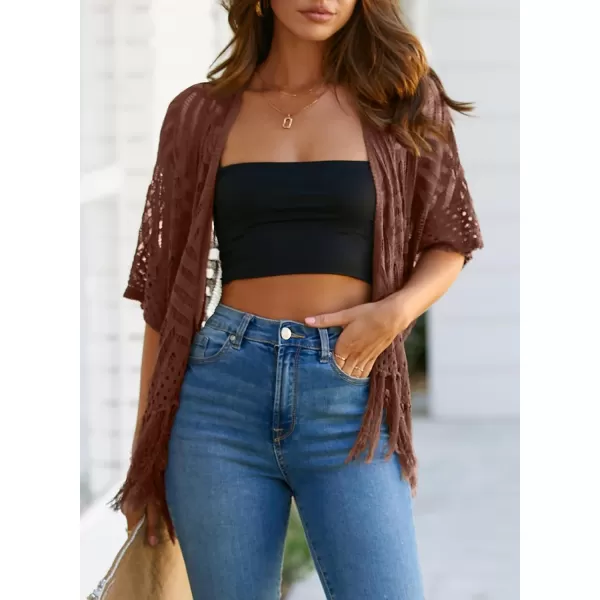Sidefeel Womens 2024 Cropped Crochet Top Lightweight Summer Cardigan Beach Kimono Cover UpsDark Brown