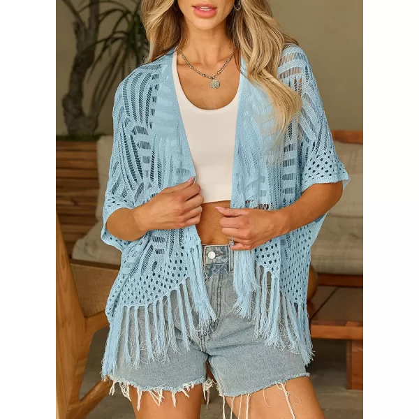 Sidefeel Womens 2024 Cropped Crochet Top Lightweight Summer Cardigan Beach Kimono Cover UpsLight Blue